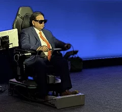 Sudhir Srivastava, MBBS, conducting a live long-distance cardiac telesurgery at the EACTS 2026 annual meting, utilizing the SSi MantrAsana tele-surgeon console. The system enables 3D imaging to help the surgeon better understand the spacial relations of the anatomy where they are working.