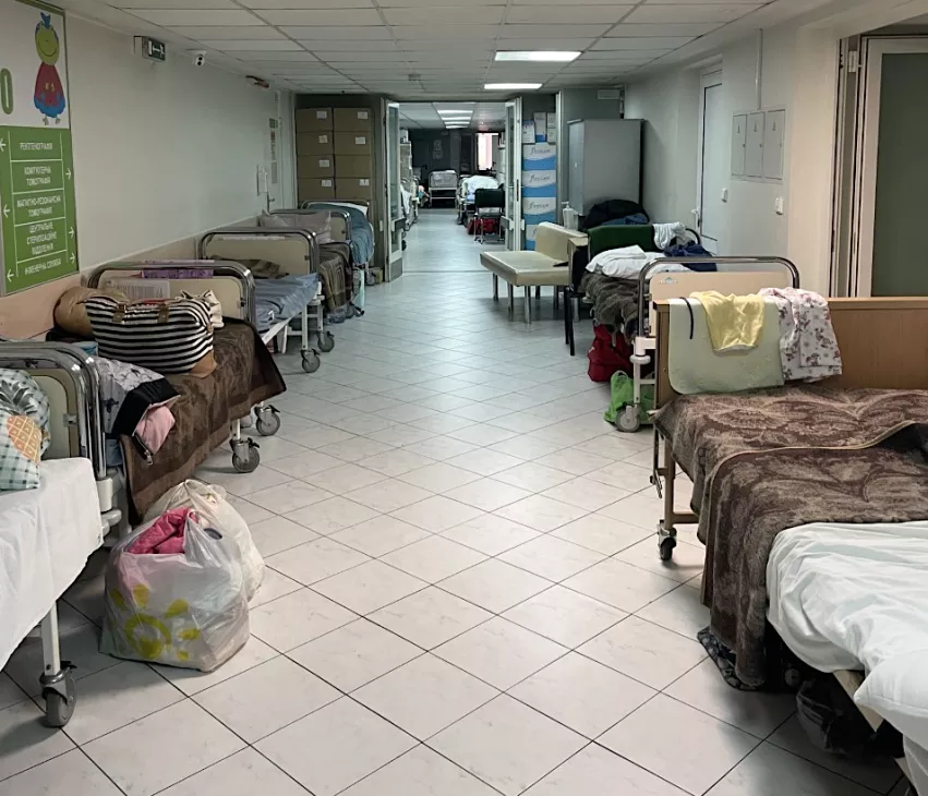 The basement living area where post-operative patients and their moms are staying during patient recovery at the Scientific Practical Children's Cardiac Center hospital in Kyiv.