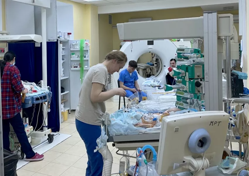 Improvised intensive care unit (ICU) in the basement of the Scientific Practical Children's Cardiac Center in Kyiv, Ukraine. All patients, staff and clinical operations were moved into the basement of the hospital because of intensified Russian attacks on the city.