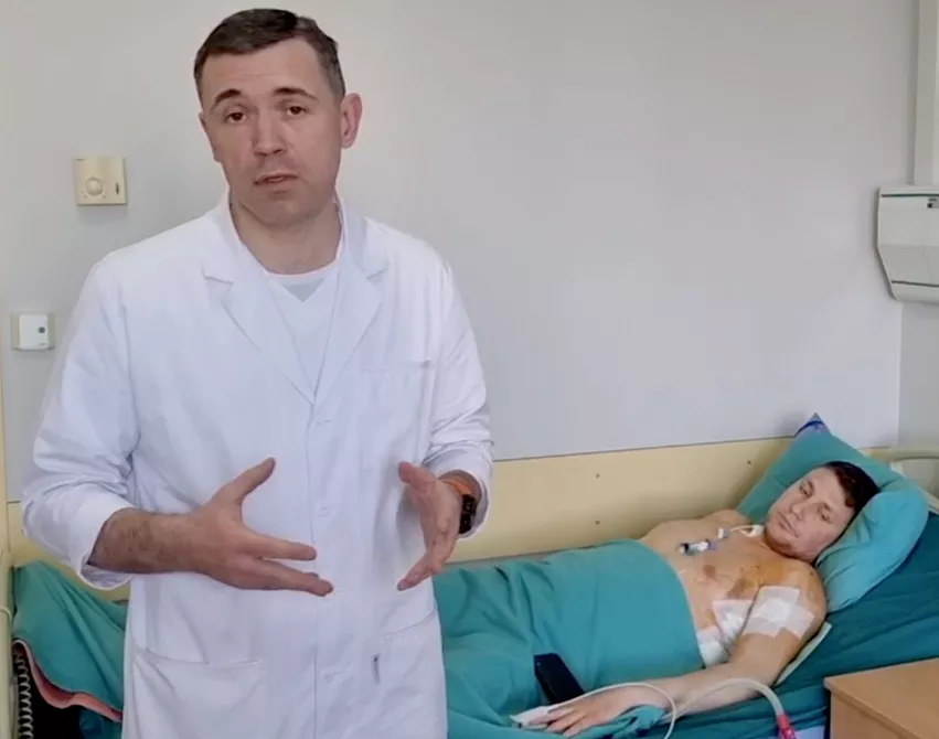 Cardiothoracic surgeon Igor Mokryk MD, in a video this week explaining his patient's condition at the Heart Institute in Kyiv, after he was shot by Russian soldiers and was transported to this cardiac speciality hospital. Mokryk removed two bullets from patient, age 40, from his lung and foot.