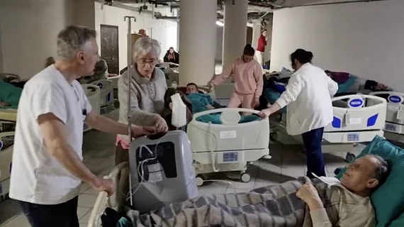The cardiac surgery post-op recovery area in the basement of Heart Institute hospital in Kyiv. Cardiac surgeon Igor Mokryk MD, said clinical operations were moved into the hospital's bomb shelter shortly after the launch of the Russian invasion of Ukraine, but they are still treating patients.