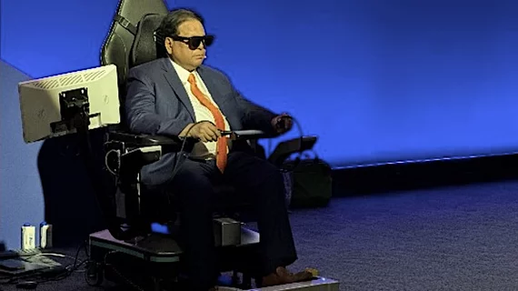 Sudhir Srivastava, MBBS, conducting a live long-distance cardiac telesurgery at the EACTS 2026 annual meting, utilizing the SSi MantrAsana tele-surgeon console. The system enables 3D imaging to help the surgeon better understand the spacial relations of the anatomy where they are working.